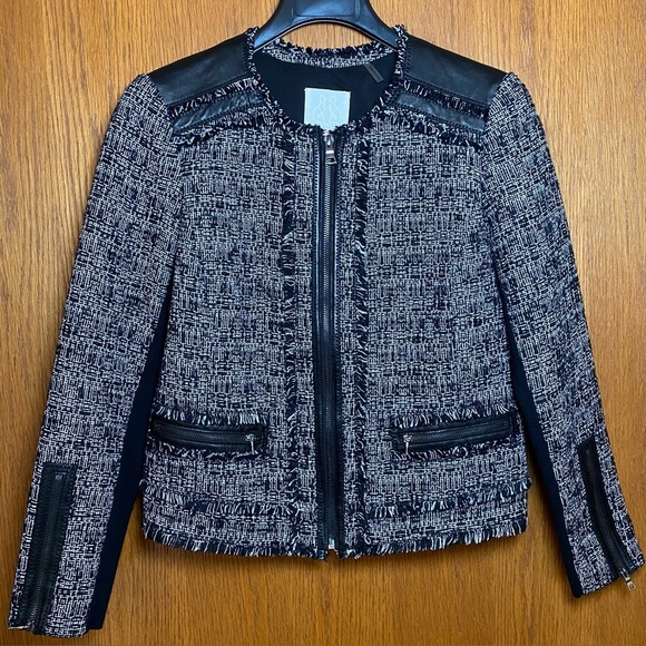 REBECCA TAYLOR Sz 4 Black/White Tweed Zip Lined Jacket Lamb Leather Accents - Picture 1 of 16